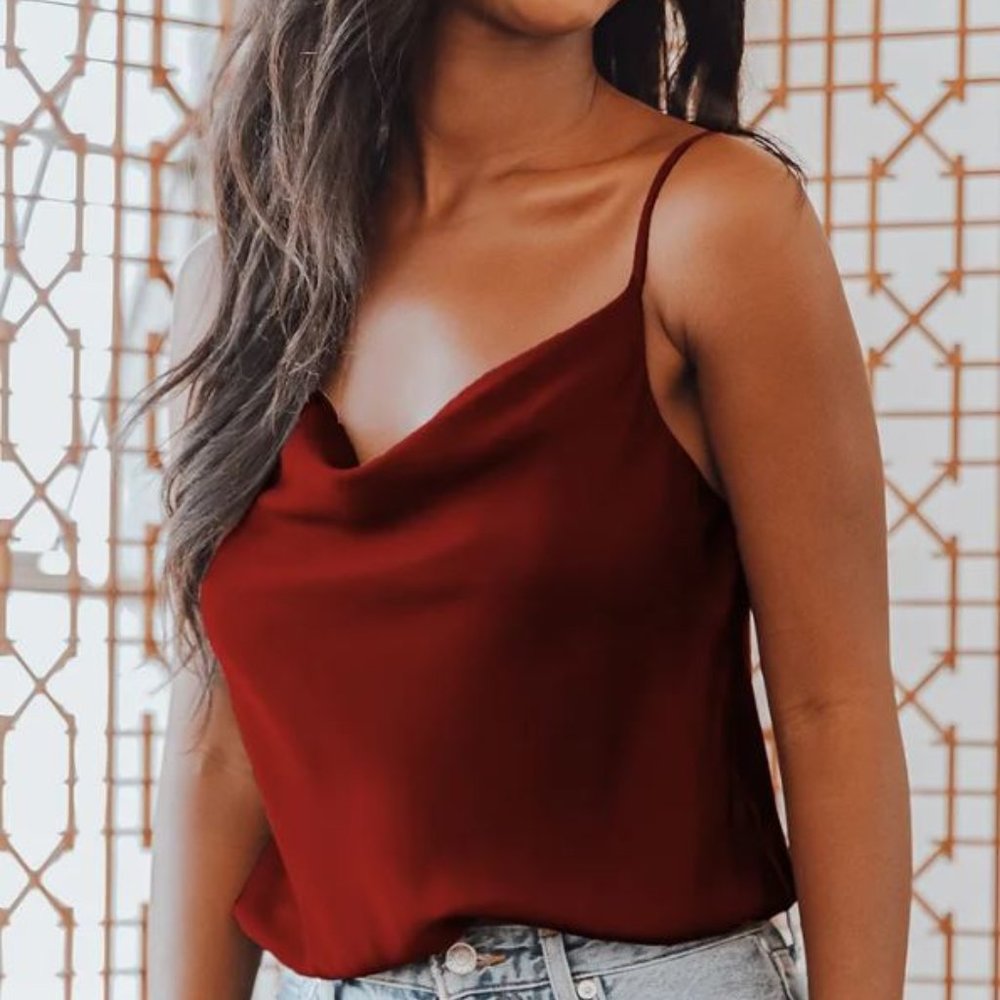 NWT - Lulus Emmerson Burgundy Satin Sleeveless Cowl Neck Bodysuit - XL